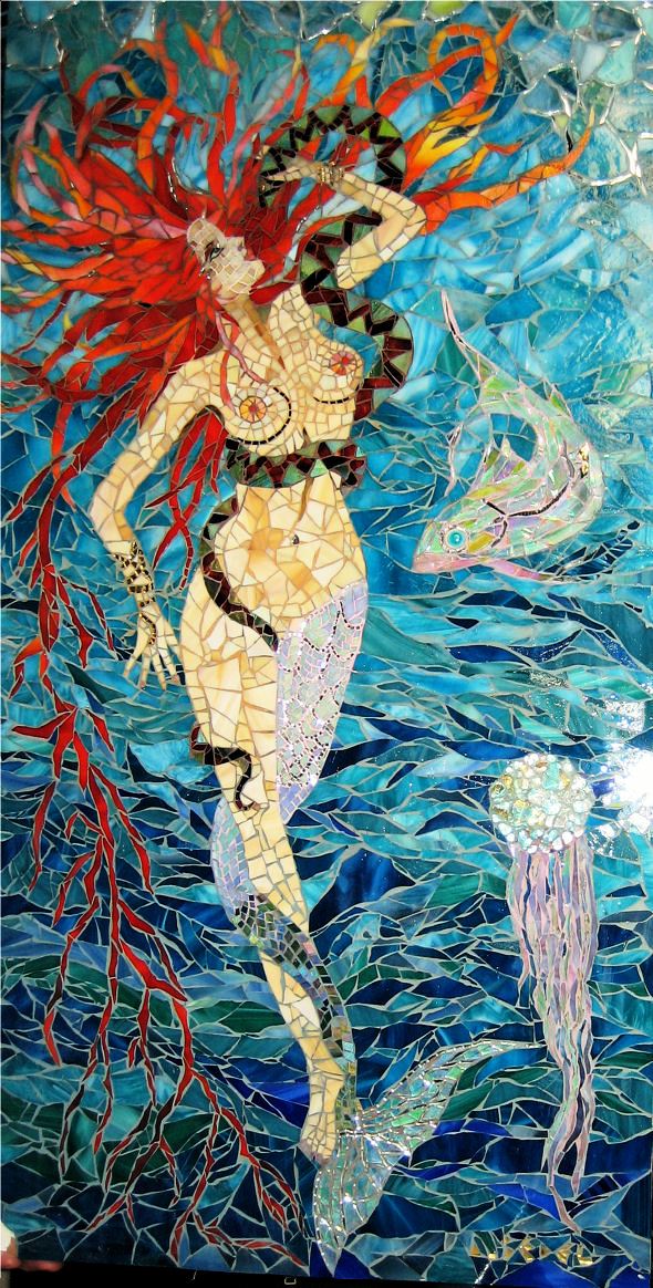 Mermaid mosaic width= Mermaid-snake-jellyfish by Anne Bedel via Wikimedia Commons