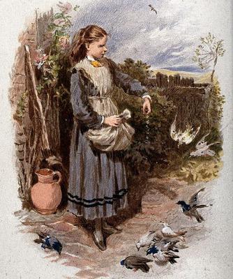 <tt>A young girl is feeding the birds at her feet Wellcome V0040791 via Wikimedia Commons</tt>
